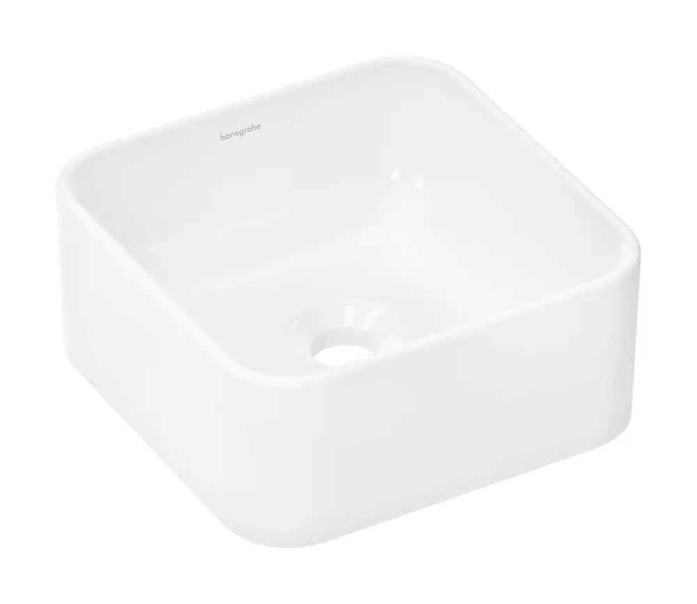 Weißer Aufsatzwaschtisch mit quadratischer Form, ohne Hahnloch und Überlauf. Das Produkt ist von Hansgrohe und zeigt eine glatte, moderne Oberfläche.